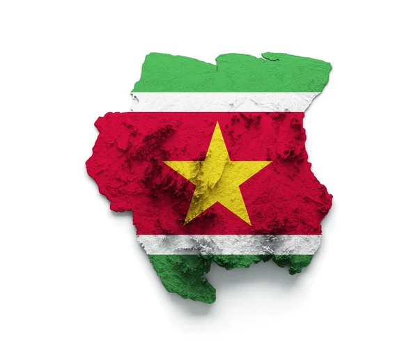 Surinam Karta Flagga Skuggad Relief Färg Höjd Karta Vit Bakgrund — Stockfoto