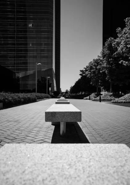 Uma Escala Cinza Vertical Bancos Pedra Edifícios Modernos Parque Público — Fotografia de Stock