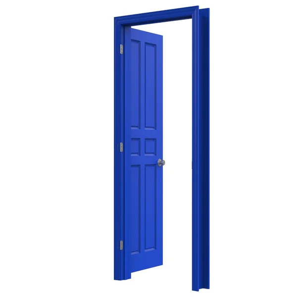 青いオープン隔離された屋内ドアは3Dイラストレンダリングを閉じました — ストック写真