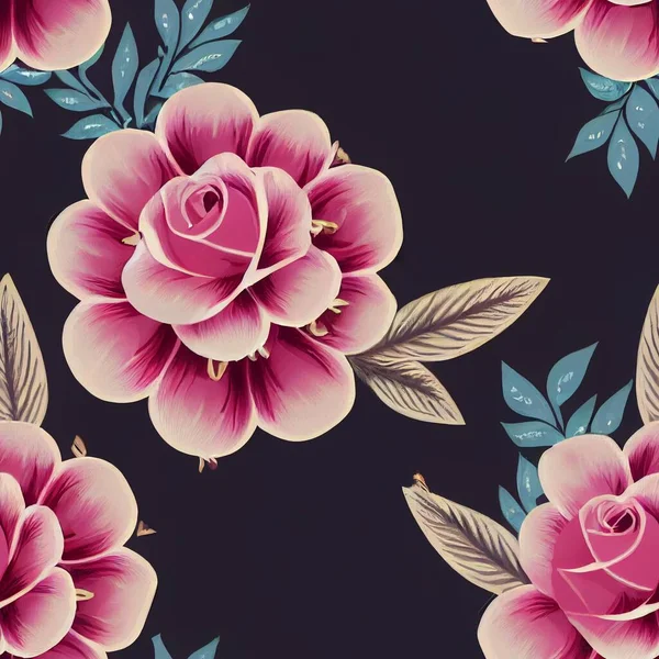 黒の背景にヴィンテージの花のシームレスなパターンの背景のクローズアップ — ストック写真