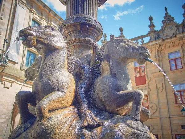 Detailní Záběr Vesnické Fontány Koňmi Kteří Vylévají Vodu Úst Itálii — Stock fotografie