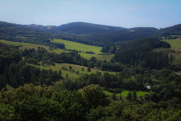 晴れた日には青空に緑豊かな木々が広がる畑の空中撮影 — ストック写真