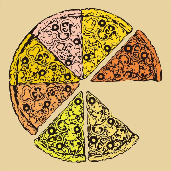 Εικονογράφηση Ενός Αριθμού Πολύχρωμων Κομματιών Πίτσας Που Απομονώνονται Ένα Απλό — Φωτογραφία Αρχείου