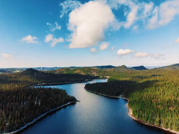 カナダのケベック州の青い空の下の緑のフィールドの湖 — ストック写真
