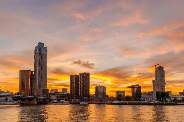 Skyline Rotterdamu Holandii Zachodzie Słońca — Zdjęcie stockowe