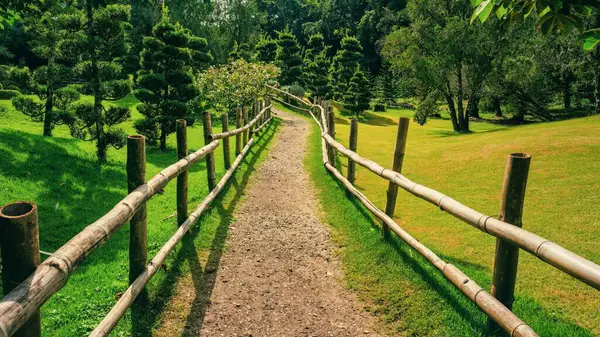 Ein Eingezäunter Weg Einem Grünen Garten — Stockfoto