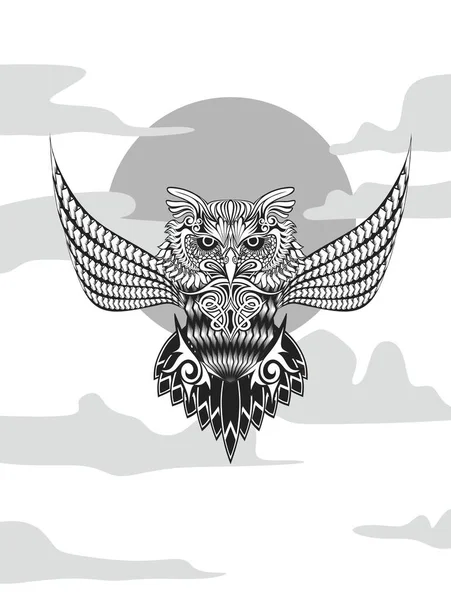 Vertical Illustration Black White Owl Flying Clouds — Stock Photo, Image