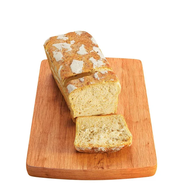 一块夹在白色背景上的木板上的3D切面包 — 图库照片