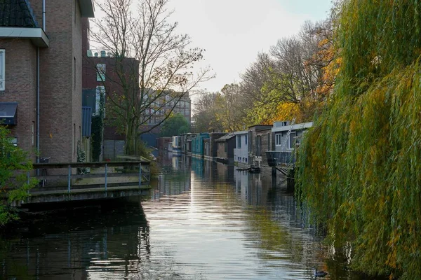 Pływające Domy Kanałach Amsterdamu Holandii Kolorowymi Drzewami Wokół Nich — Zdjęcie stockowe