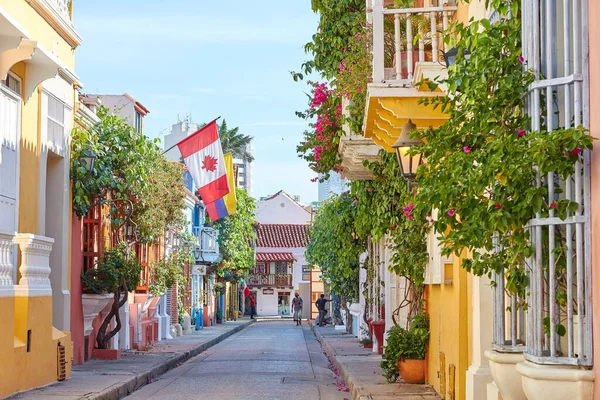 Regular Footage Street Cartagena Beautiful Houses Decorated Plants Flags — Stock Photo, Image