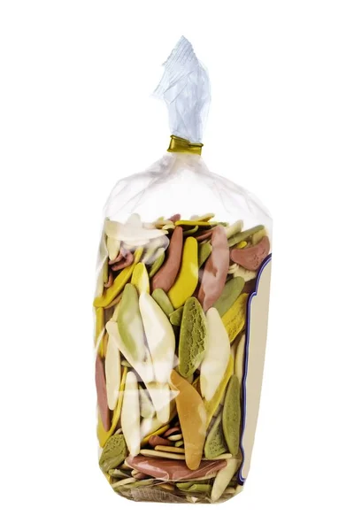 Closeup Colorful Dry Olive Leaf Pasta Plastic Bag — Stock Photo, Image