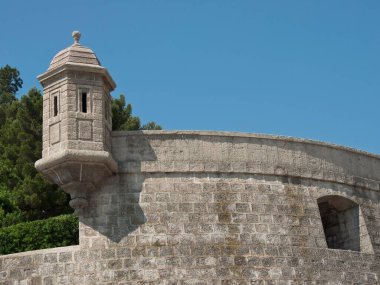 Güneşli bir günde, arkasında ağaçlar ve mavi gökyüzü olan eski bir şatonun üst kısmı.