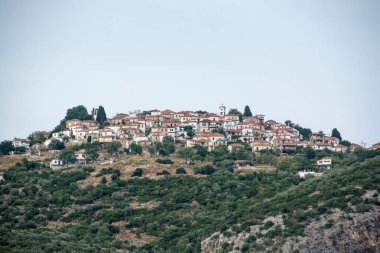 Güneşli bir günde ormandaki modern binaların havadan görünüşü.