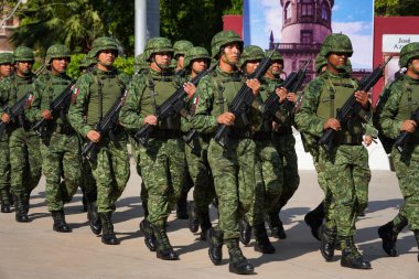 Meksika askerleri, Chapultepe Meydanı 'nda Meksika bayrak gününde düzenlenen sivil tören sırasında yürüyorlardı.