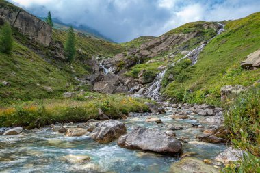 Tour Du Mount Blanc 'ta yeşil bir manzaranın ortasında akan bir nehrin nefes kesici görüntüsü.