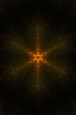 Siyah zemin üzerinde simetrik şekiller bulunan soyut, parlak bir havai fişek arka planı