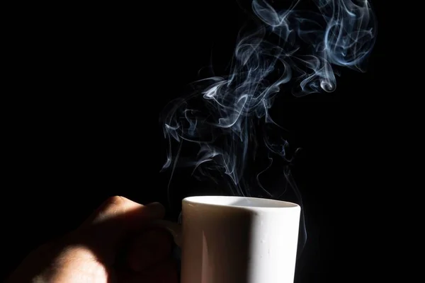 Male Hand Holding White Cup Smoke Black Background — Stock Photo, Image