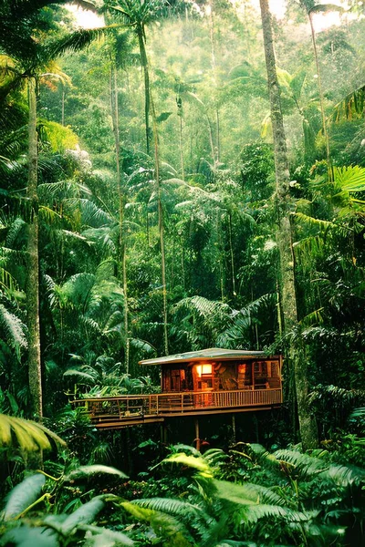 Eine Vertikale Aufnahme Eines Holzhauses Dschungel — Stockfoto