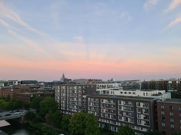 Widok Powietrza Nowoczesnych Wysokich Budynków Hamburgu Zachodzie Słońca Niemcy — Zdjęcie stockowe