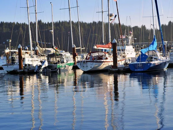 Birçok Yelkenli Florence Oregon Limanı Siuslaw Nehri Nin Kıyısında Rıhtıma — Stok fotoğraf