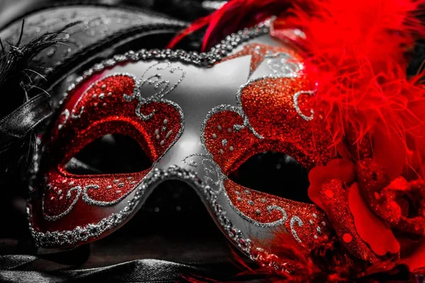 Beau Cliché Masque Carnaval Vénitien Avec Des Plumes Rouges — Photo