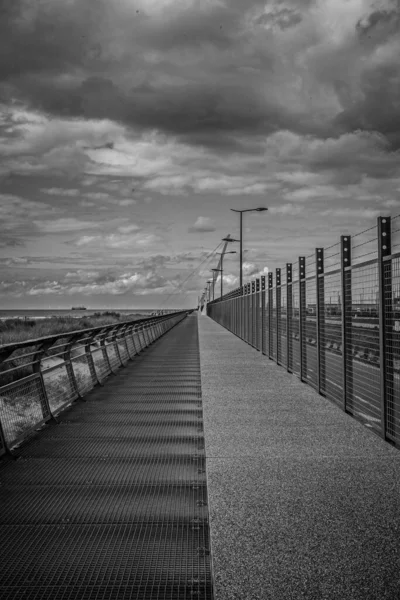 Vertical Grayscale Shot Caged Bridge Cloudy Sky — Stock Photo, Image