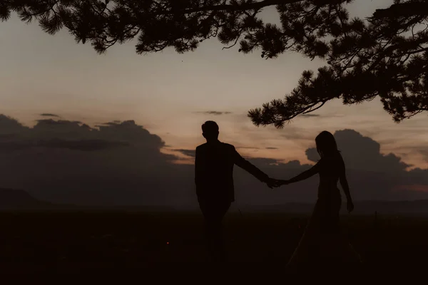Silhuett Ett Härligt Par Vid Solnedgången Naturen — Stockfoto
