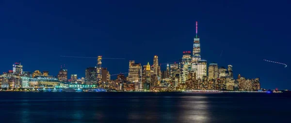 Panoramautsikt Över New York City Manhattan Skyline Upplyst Med Ljus — Stockfoto