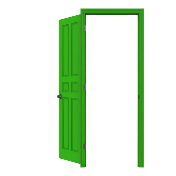 緑のオープン隔離された屋内ドアを閉じた3Dイラストレンダリング — ストック写真