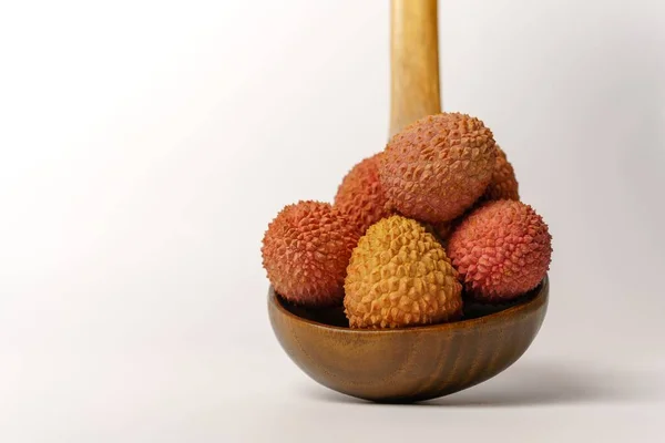 Fresh Lychees Wooden Spoon Isolated White Background — Stock Photo, Image