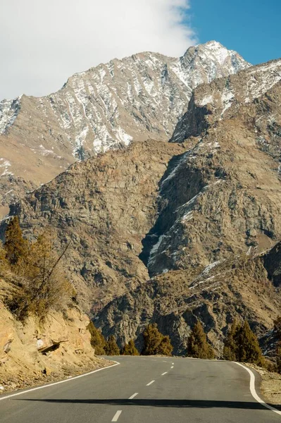 Живописный Зимний Вид Асфальтовой Дороги Горах Покрытый Снегом Деревьями Обочине — стоковое фото