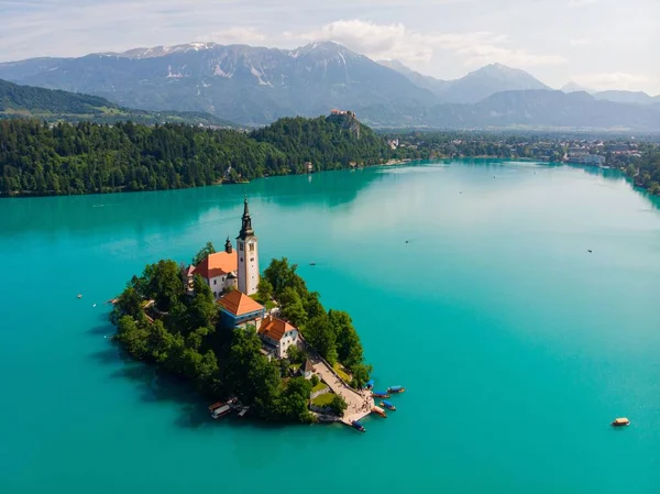 Uma Vista Aérea Lago Bled Eslovénia — Fotografia de Stock