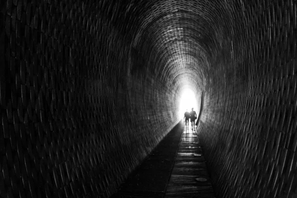 Grayscale Shot Two People Walking Pedestrian Tunnel Chotkovy Gardens Prague — Stock Photo, Image