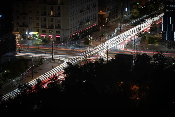 Lång Exponering Skott Crossroad Warszawa Natten — Stockfoto