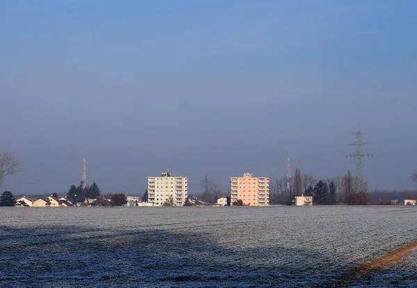 Вид Два Дома Жилом Районе Окружении Полей Зимний Период Wixhausen — стоковое фото