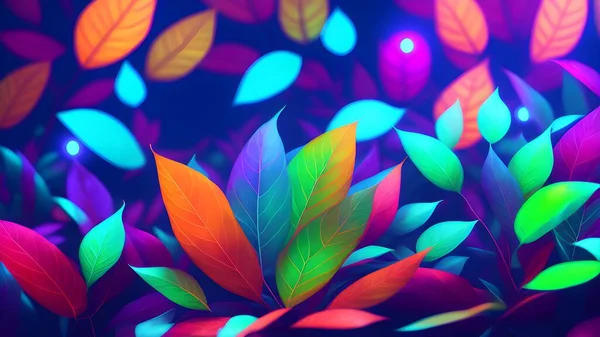 Abstrak Daun Neon Cerah Dan Bunga Hutan Malam Hari Sempurna — Stok Foto