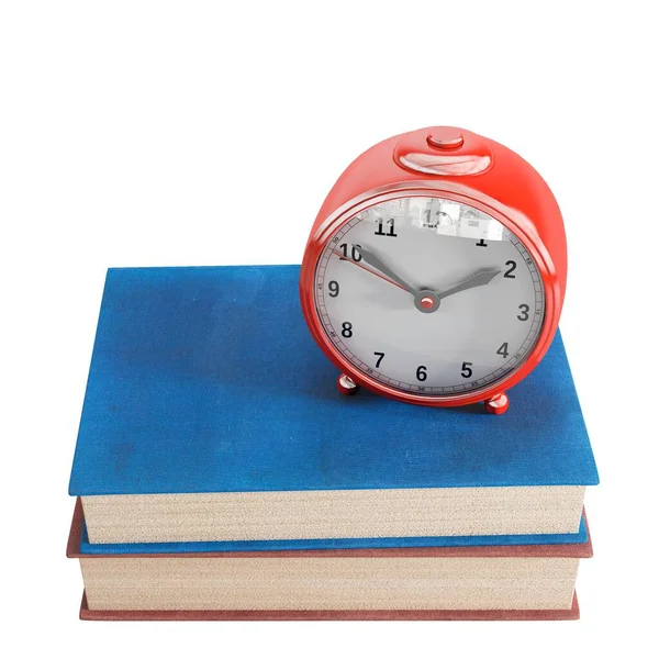 Reloj Despertador Rojo Libros Aislados Sobre Fondo Blanco — Foto de Stock