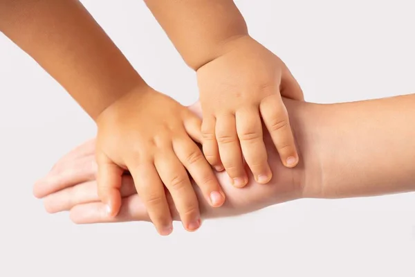 白い背景に子供たちの手を握っている母親 ケアの概念 — ストック写真