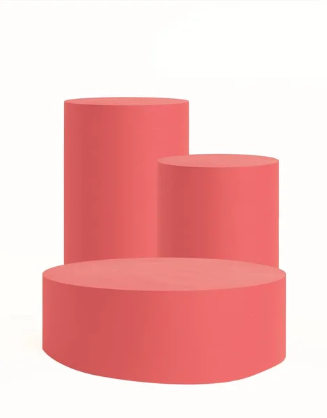 白い背景にピンクの円筒形の三つの表彰台の垂直ショット — ストック写真