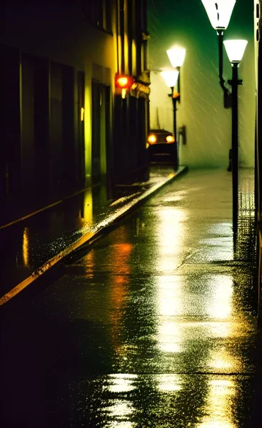 Gros Plan Vertical Une Rue Couverte Eau Pluie Nuit — Photo