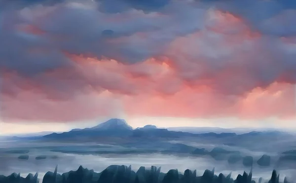 Beautiful Illustration Mountain Peaks Clouds — Stock Photo, Image