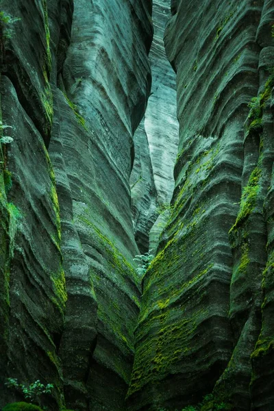 Kırsal Bir Alanda Yosun Liken Kaplı Yeşil Kaya Oluşumlarının Dikey — Stok fotoğraf