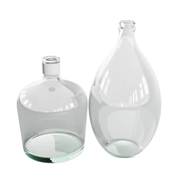 白い背景に隔絶された2本のユニークなガラスボトルの3Dレンダリングイラスト — ストック写真