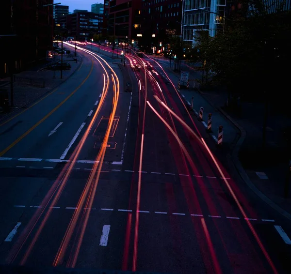 Вид Повітря Світлові Стежки Червоного Міста Асфальтній Дорозі Вночі — стокове фото