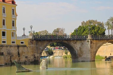 İspanya, Murcia 'daki Segura nehrinin ve köprünün manzarası.