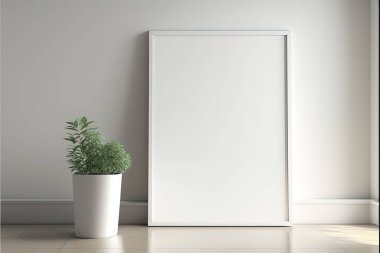 Yakınlarda bir bitkiyle birlikte beyaz boş bir çerçevenin yapay zeka tarafından oluşturulmuş bir çizimi.