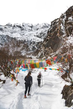 Çin, Yunnan 'da renkli bayraklarla süslenmiş Meili dağındaki yürüyüşçülerin dikey bir arka görüntüsü.