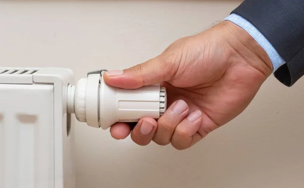 Closeup Human Hand Adjusting Temperature Radiator — Stock Photo, Image