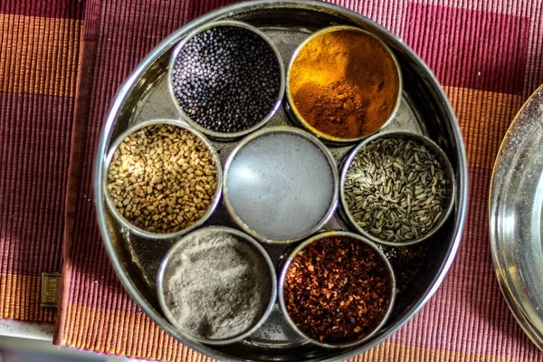 Top View Indian Traditional Masala Box Various Spices — Stock Photo, Image
