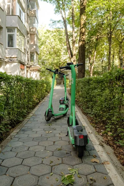 Parktaki Yolda Birkaç Yeşil Scooter — Stok fotoğraf